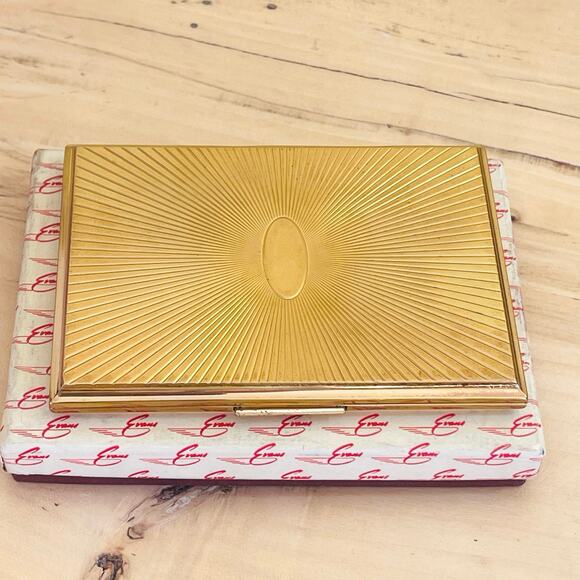 Vintage Evans Compact Cigarette Case Sunburst Art Deco Gold Tone Box - Picture 5 of 9